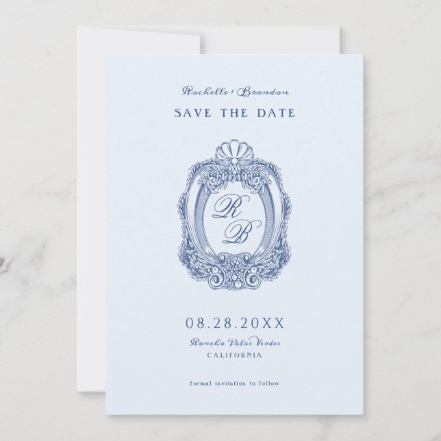 Baroque Crest French Blue Wedding Save The Date (Front)