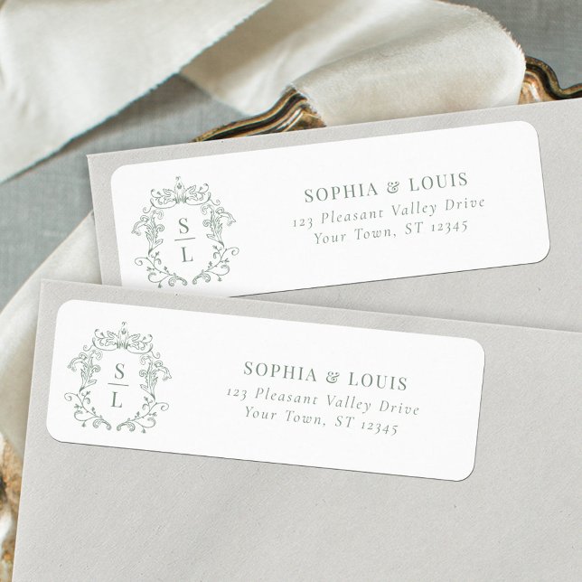Baroque Crest Monogram Sage Green Wedding Address Label (Creator Uploaded)