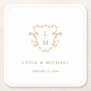 Baroque Crest Monogram Wedding Welcome Square Paper Coaster