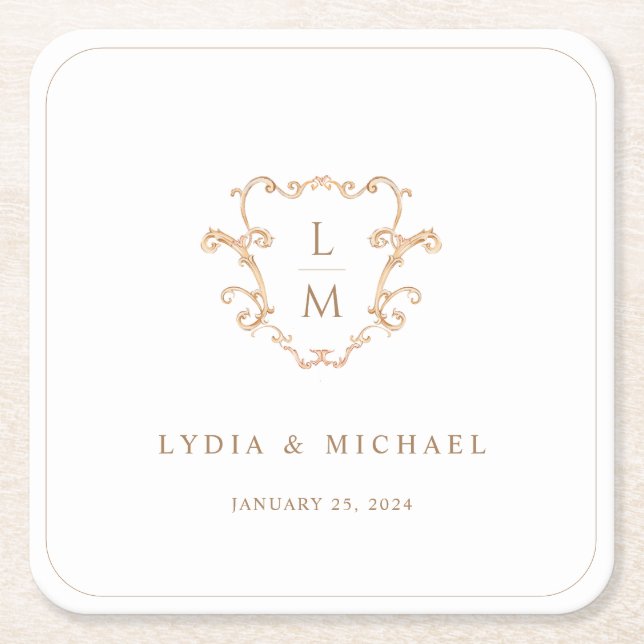 Baroque Crest | Monogram Wedding Welcome Square Paper Coaster (Front)