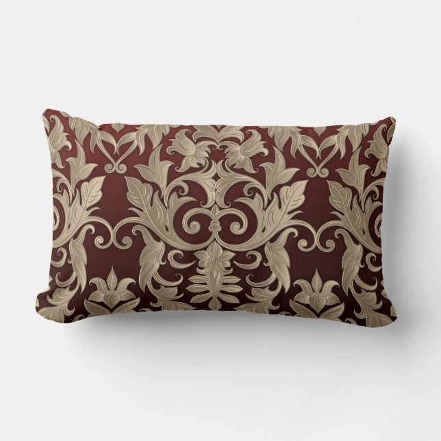 Baroque Damask Brocade Cream Beige on Burgundy Lumbar Pillow (Front)