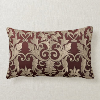 Baroque Damask Brocade Cream Beige on Burgundy Lumbar Pillow