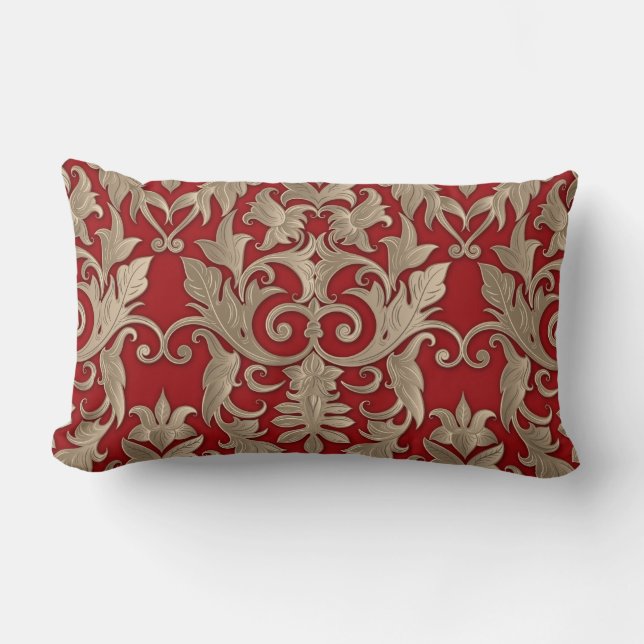 Baroque Damask Brocade Cream Beige on Red Lumbar Pillow (Front)