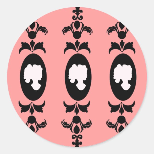 Baroque Damask Cameo Classic Round Sticker (Front)