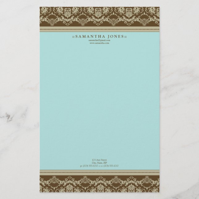 Baroque Damask Designer Stationery :: aqua (Front)