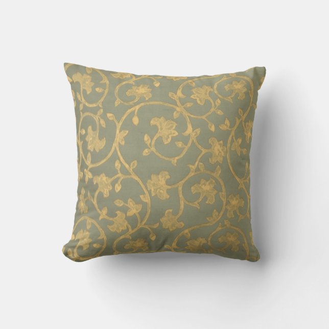 Baroque Damask ~ gold, green swirl throw pillow (Front)