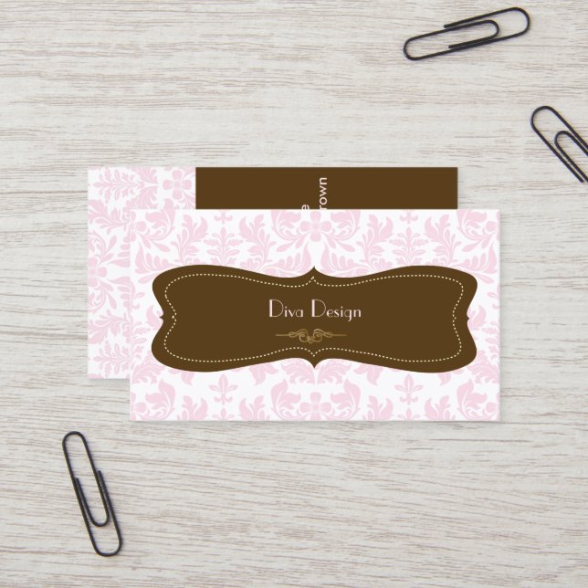 Baroque damask in pink/chocolate brown business card (Front/Back In Situ)
