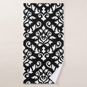 Baroque Damask Lg Ptn White on Black Bath Towel