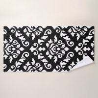 Damask Baroque Pattern Black on White Hand & Bath Towel by Natalie