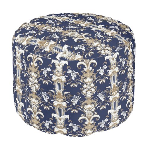 Baroque dark blue gold floral pattern pouf