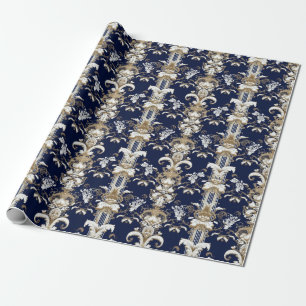 Baroque dark blue gold pattern wrapping paper