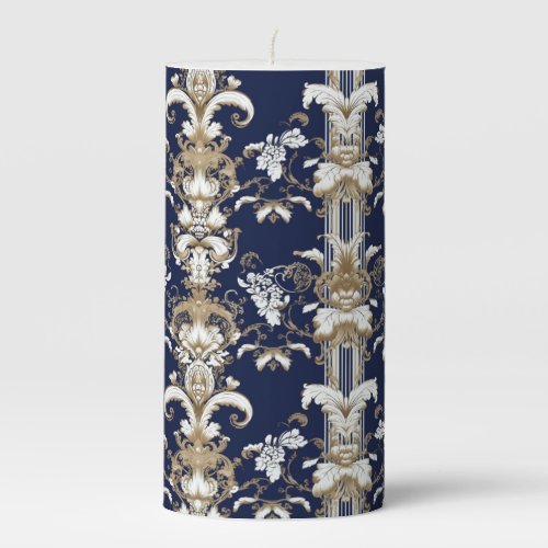 Baroque dark blue white damask pillar candle
