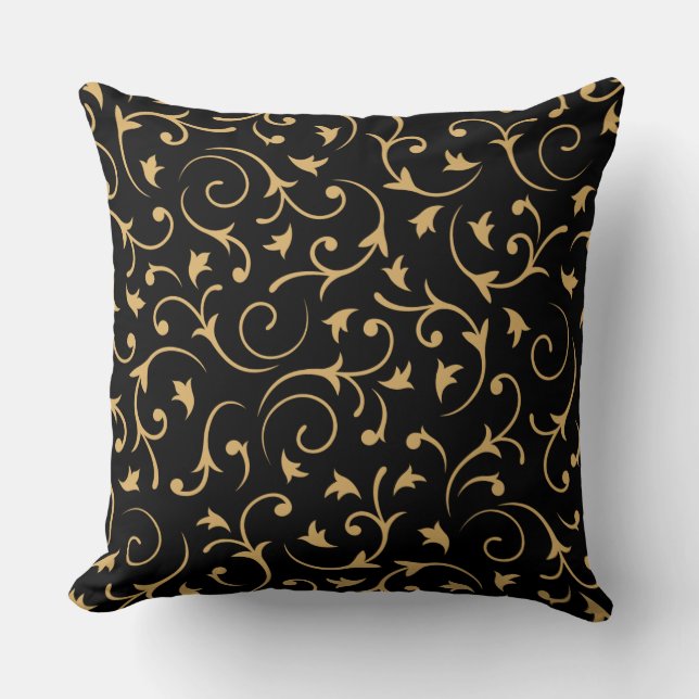 Baroque Design – Gold on Black Throw Pillow (Front)