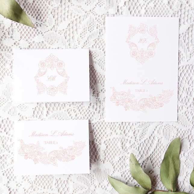 Baroque Dusty Pink Elegant Foldable Name Card (foldable escort card with blush pink romantic rococo elements and a monogram crest)