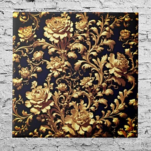 Baroque Elegance Black and Gold Floral Ceramic Tile