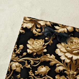 Baroque Elegance: Black and Gold Floral Flemish Beach Towel