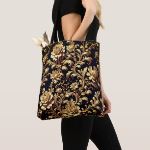 Baroque Elegance: Black & Gold Floral Tote Bag