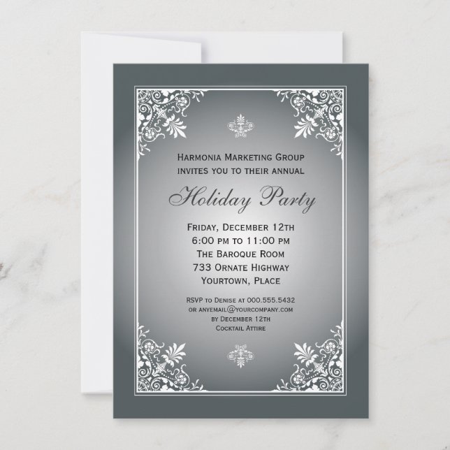 Baroque Elegance Silver Corporate Holiday Party Invitation (Front)