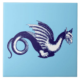 Baroque Era Blue & White Medieval Dragon Ceramic Tile