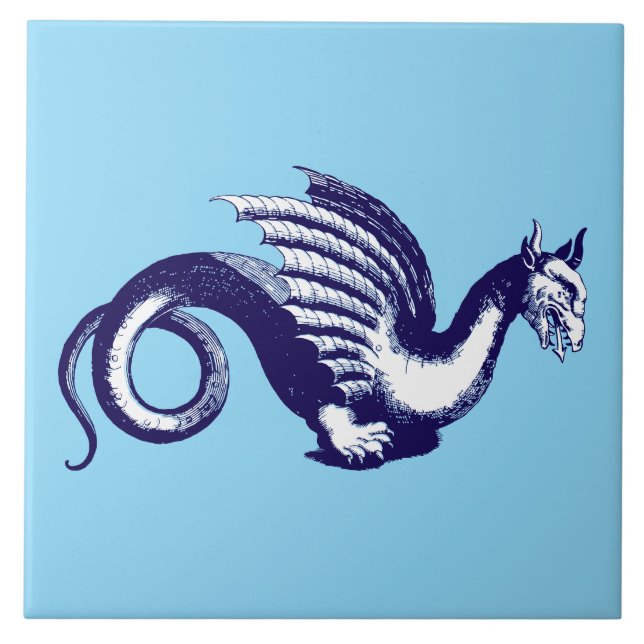 Baroque Era Blue & White Medieval Dragon Ceramic Tile (Front)