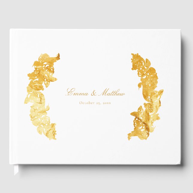 Baroque Faux Gold Foil Botanical Crest Wedding Guest Book (Front)