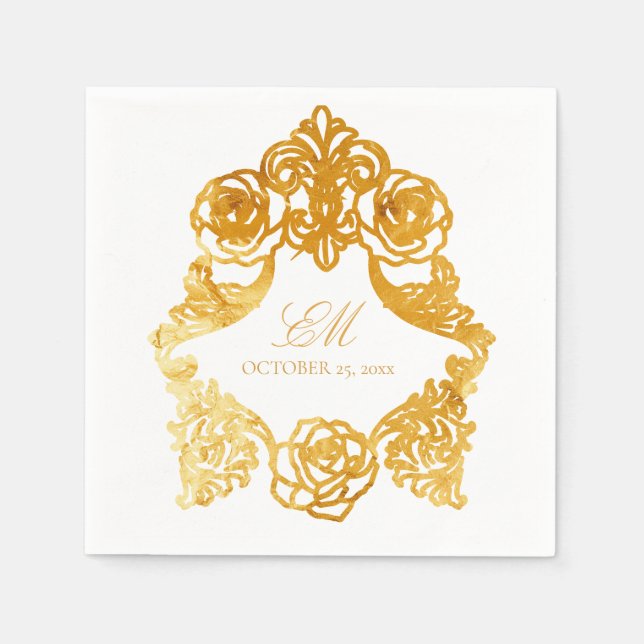 Baroque Faux Gold Foil Monogram Wedding Napkins (Front)