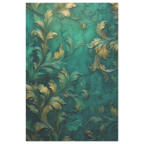 Baroque faux gold leaves ornament deep green tissue paper