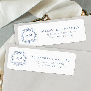 Baroque Floral Crest Blue Wedding Return Address Label