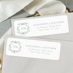 Baroque Floral Crest Green Wedding Return Address Label
