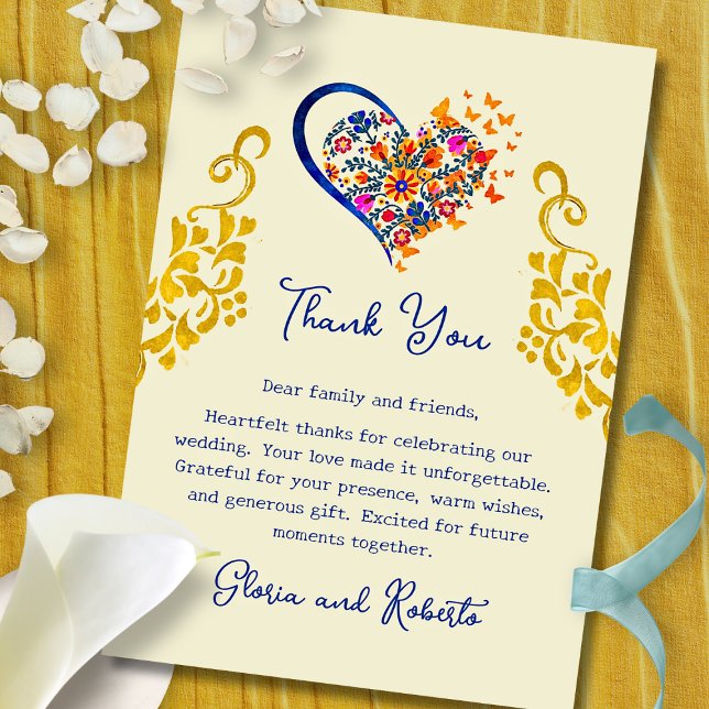 Baroque Floral Heart & Gold Mexican Wedding  Thank You Card (Golden baroque scrolls frame a vivid floral heart—an elegant blend of color and gratitude.)