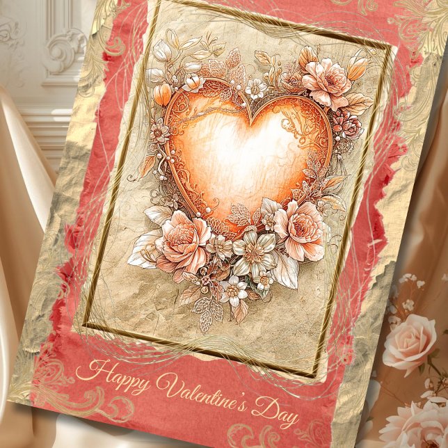 Baroque Floral Heart in Gold and Blush Tones Holiday Card (Creator Uploaded)