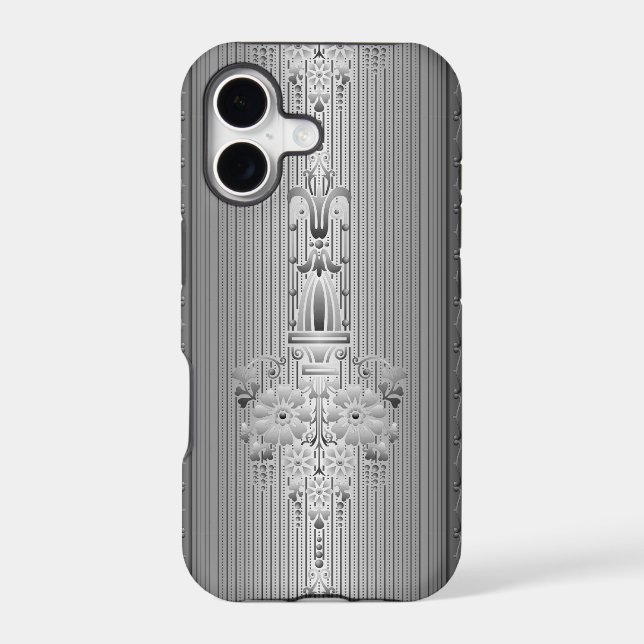 Baroque floral pattern with border grey iphone case (Back)