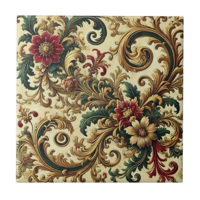 Baroque Floral Pattern with Gold, Red, Green A Ceramic Tile (Front)
