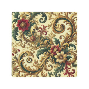 Baroque Floral Pattern with Gold, Red, Green A Metal Print
