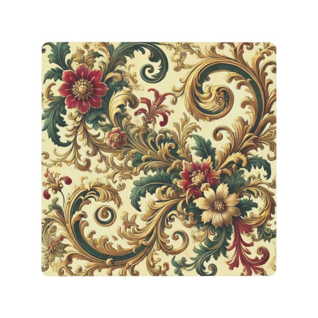 Baroque Floral Pattern with Gold, Red, Green A Metal Print (Front)