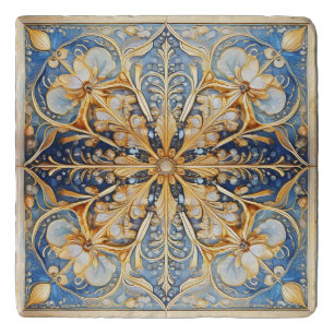 Baroque Floral Tile Pat#16 Blue Gold ID1078 Trivet