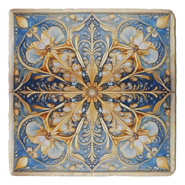 Baroque Floral Tile Pat#16 Blue Gold ID1078 Trivet (Front)