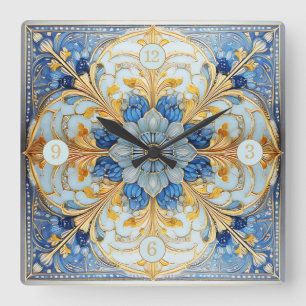 Baroque Floral Tile Pat#17 Soft Blue Gold ID1078 Square Wall Clock
