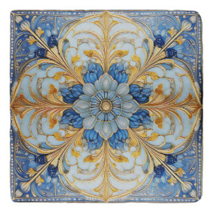 Baroque Floral Tile Pat#17 Soft Blue Gold ID1078 Trivet