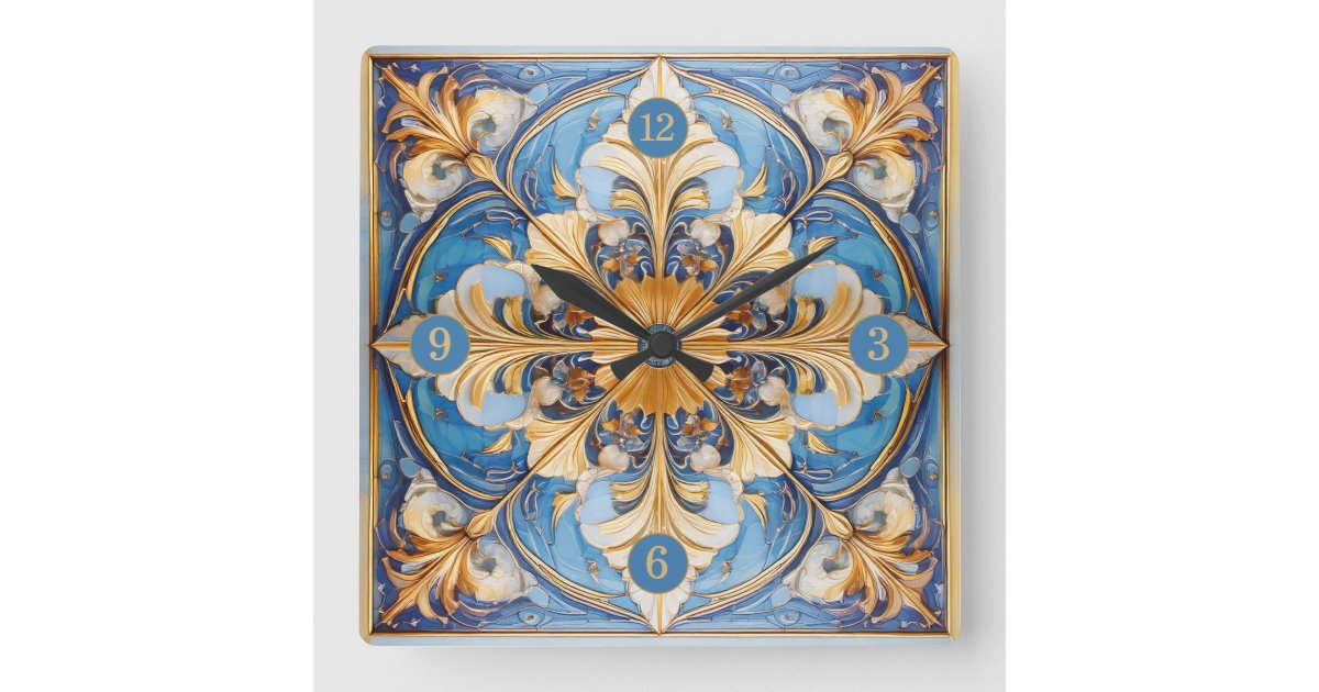 Baroque Floral Tile Pat#18 Sky Blue Gold ID1078 Square Wall Clock | Zazzle