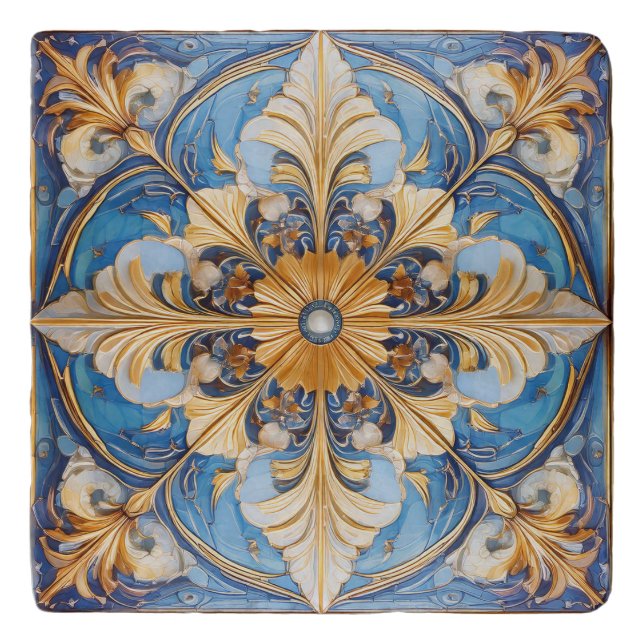 Baroque Floral Tile Pat#18 Sky Blue Gold ID1078 Trivet (Front)