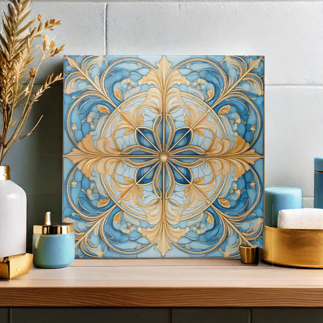Baroque Floral Tile Pat#19 Aqua Blue Gold ID1078 | Zazzle