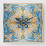 Baroque Floral Tile Pat#19 Aqua Blue Gold ID1078 Square Wall Clock