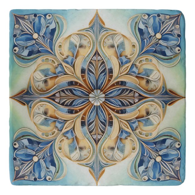 Baroque Floral Tile Pat#20 Blue Green Gold ID1078 Trivet (Front)