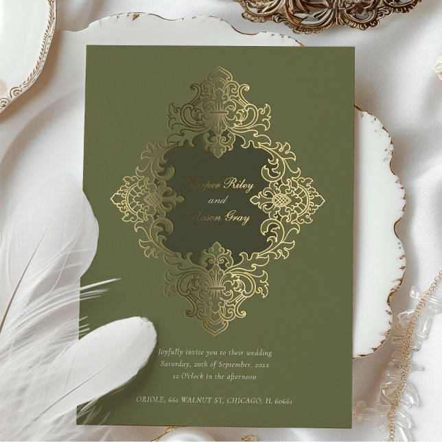 Baroque Foil Ornament Wedding Olive Green Invitation (Creator Uploaded)