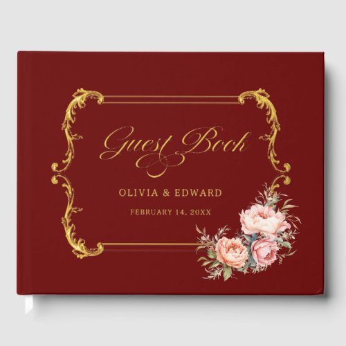 Baroque Frame Calligraphy and Pink Peonies Foil Guest Book