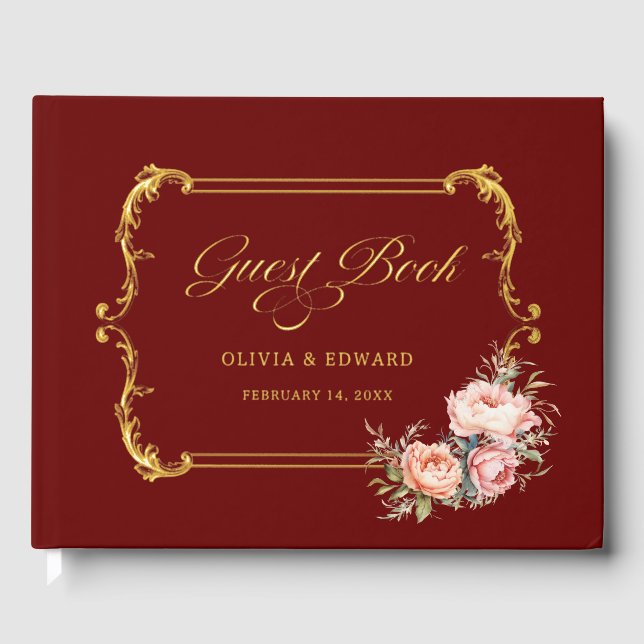 Baroque Frame, Calligraphy and Pink Peonies Foil Guest Book (Front)