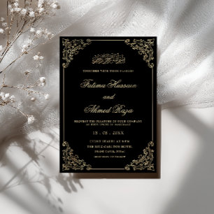 Baroque Frame Calligraphy Black Muslim Wedding Invitation