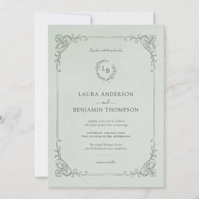 Baroque Frame Elegant Mint Wedding Invitation (Front)