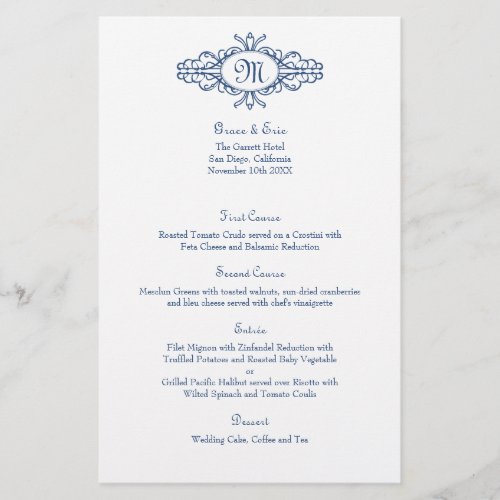 Baroque frame monogram navy blue wedding menu card